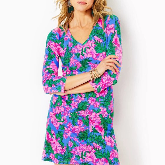 Lilly Pulitzer Tessa Dress Floral Printed V Neck Cotton ColorfulM